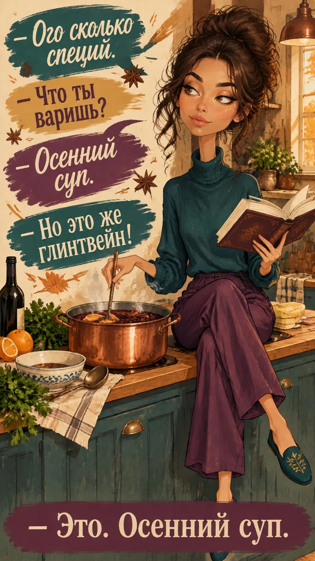 Создай одну цельную яркую юмористическую открытку, вертикальный формат 9:16.