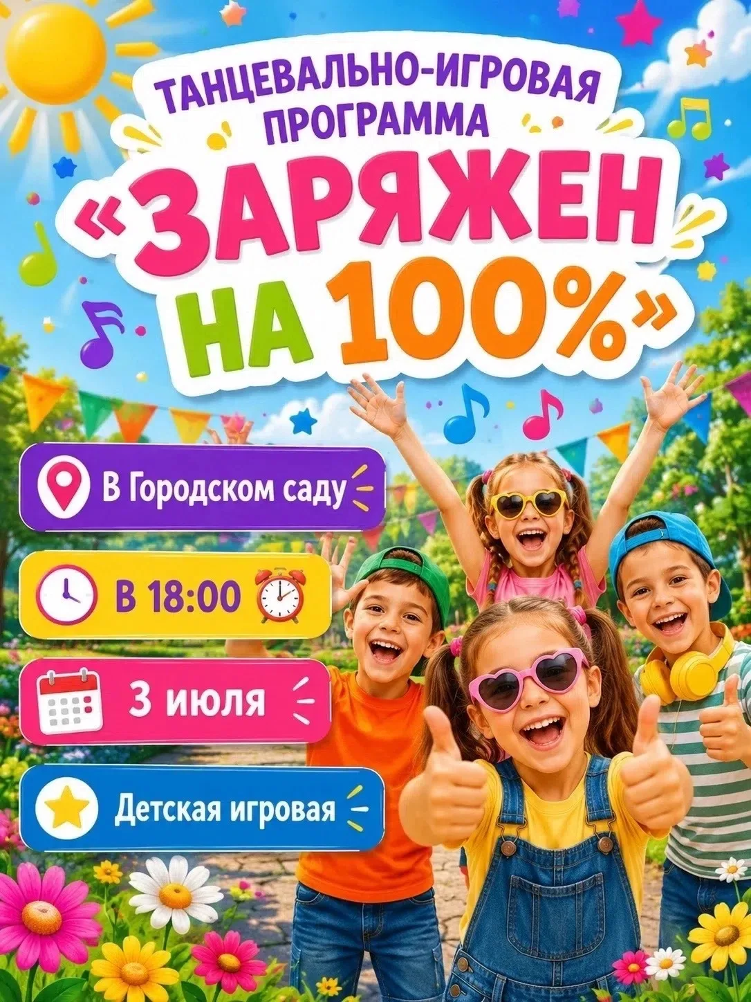 "Заряжен на 100%"! 🎉

4 июля
18:00
Городской сад
Локация: детская площадка

Танцевально-игровая про
