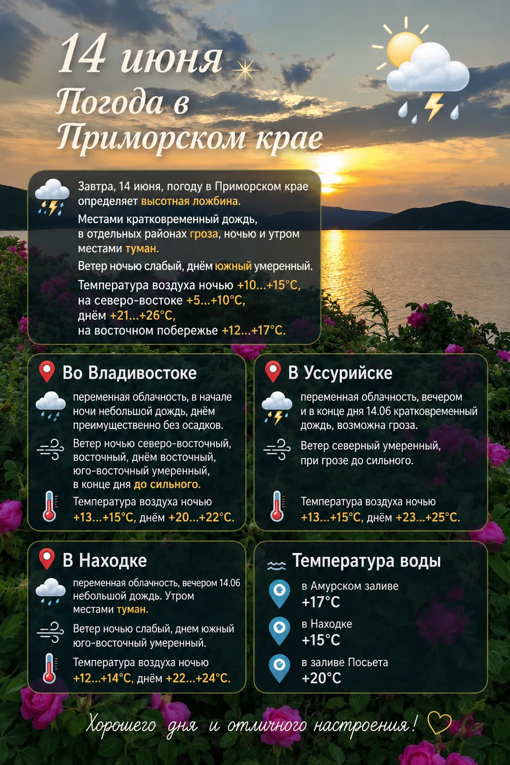 💫 Завтра, 14 июня, погоду в Приморском крае определяет высотная ложбина. Местами кратковременный до
