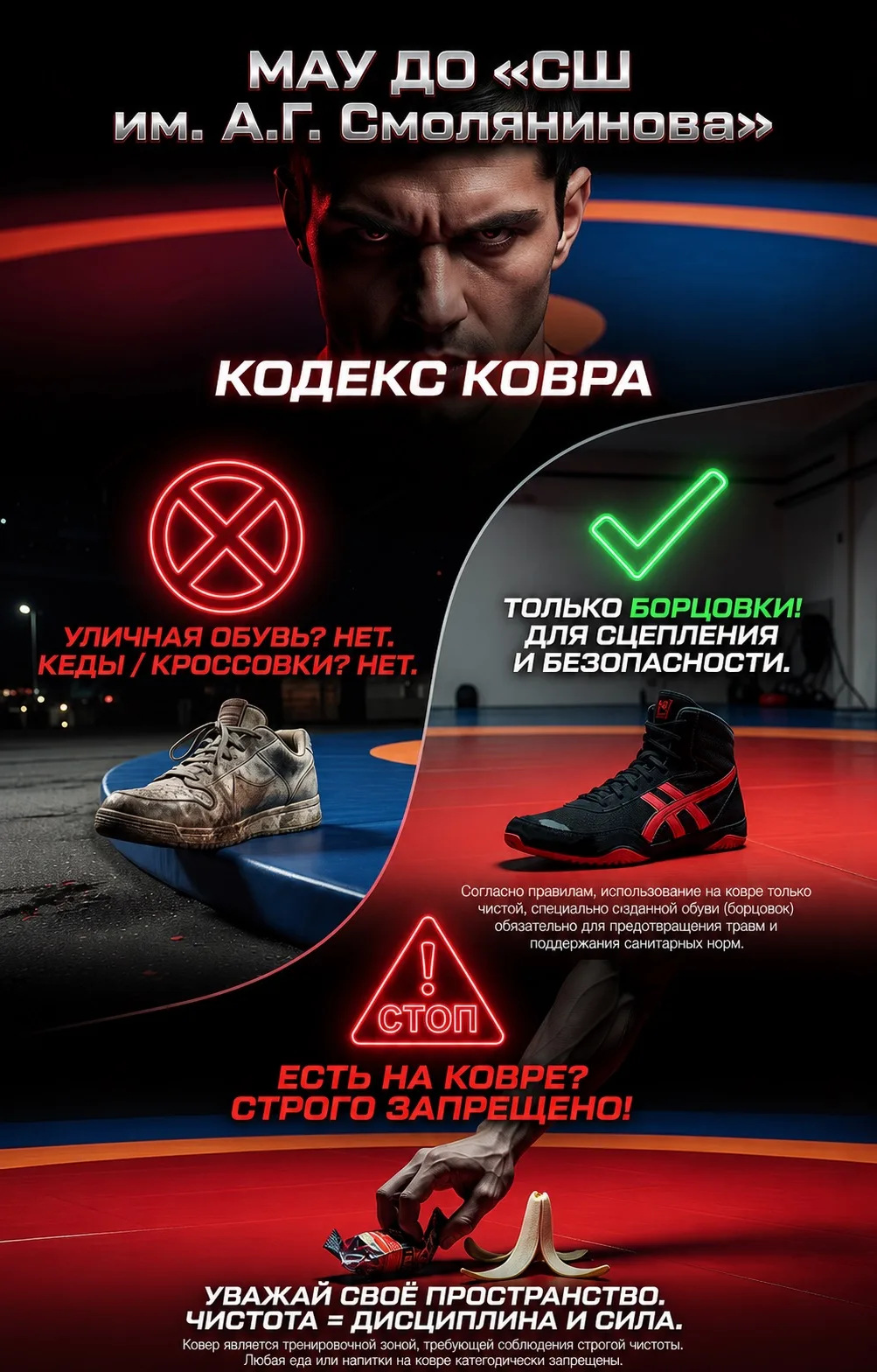 Привет, чемпионы МАУ ДО «СШ им. А.Г.Смолянинова»!

Прежде чем шагнуть на борцовский ковер, запомни: 