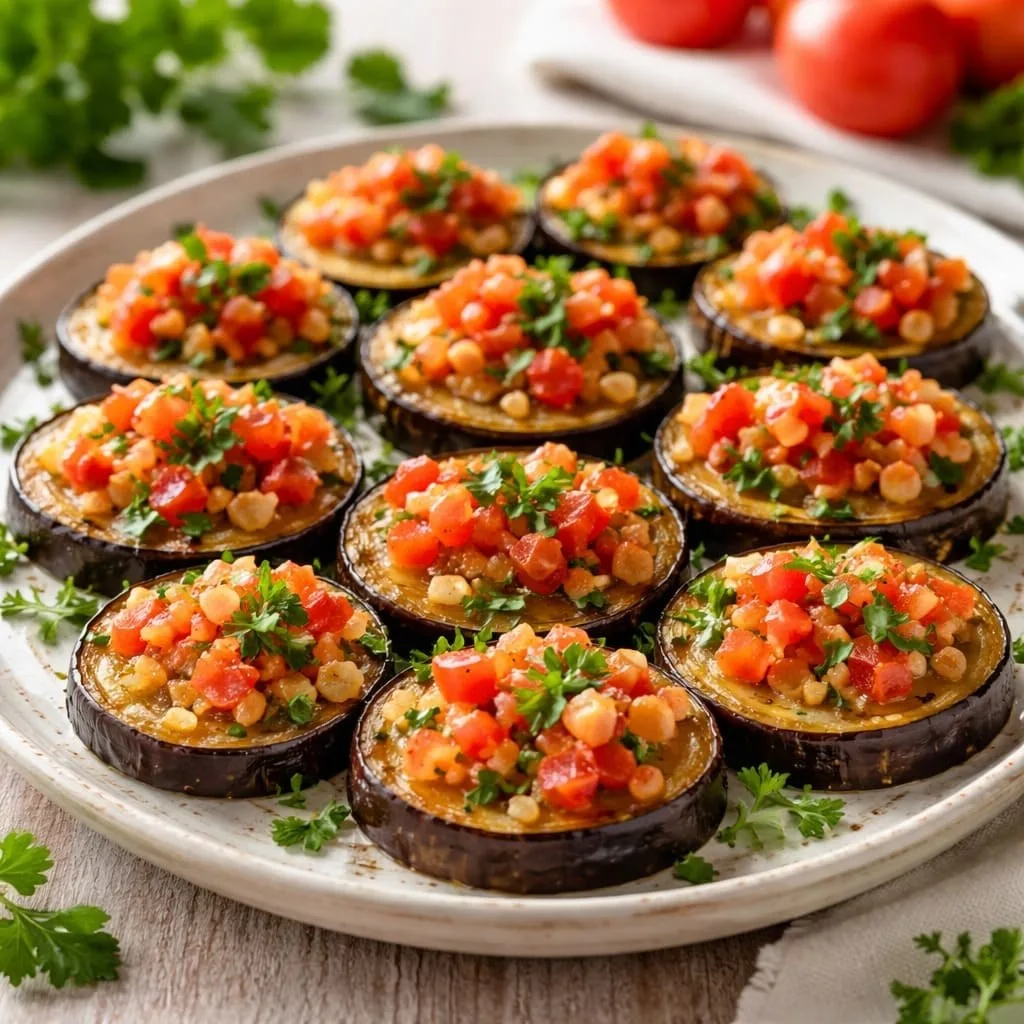ТЁПЛАЯ ЗАКУСКА ИЗ БАКЛАЖАНОВ С ПОМИДОРАМИ И ЧЕСНОКОМ

Мягкие ломтики баклажанов, обжаренные до золот