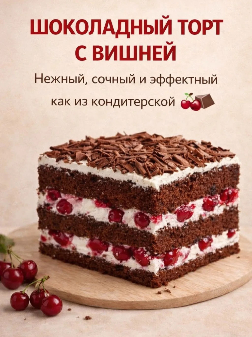 🍫 Шоколадный торт с вишней 🍒
Нежный, сочный и эффектный — выглядит как из кондитерской, а готовитс