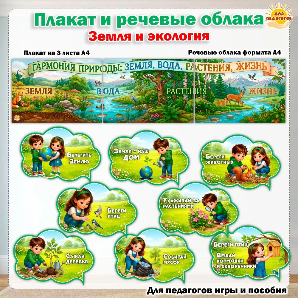Речевые облака, плакат про Землю и экологию. Плакат на 3 листа А4, 8 речевых облаков фо...