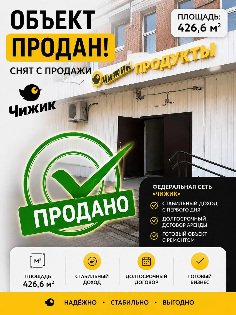 СНЯТ С ПРОДАЖИ ГОТОВЫЙ АРЕНДНЫЙ БИЗНЕС С ФЕДЕРАЛЬНОЙ СЕТЬЮ «ЧИЖИК»

Инвестиционный объект с действую