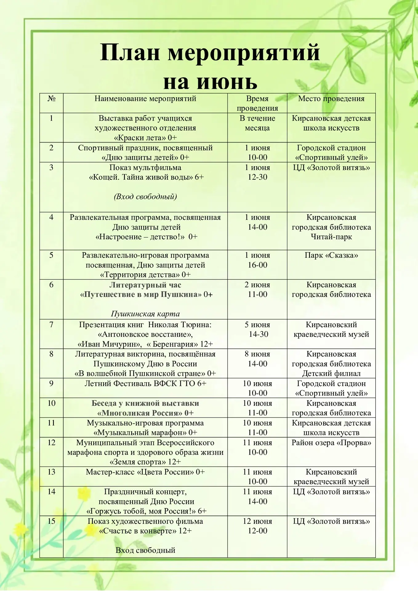 ☀️Встречайте план мероприятий в Кирсанове на июнь.