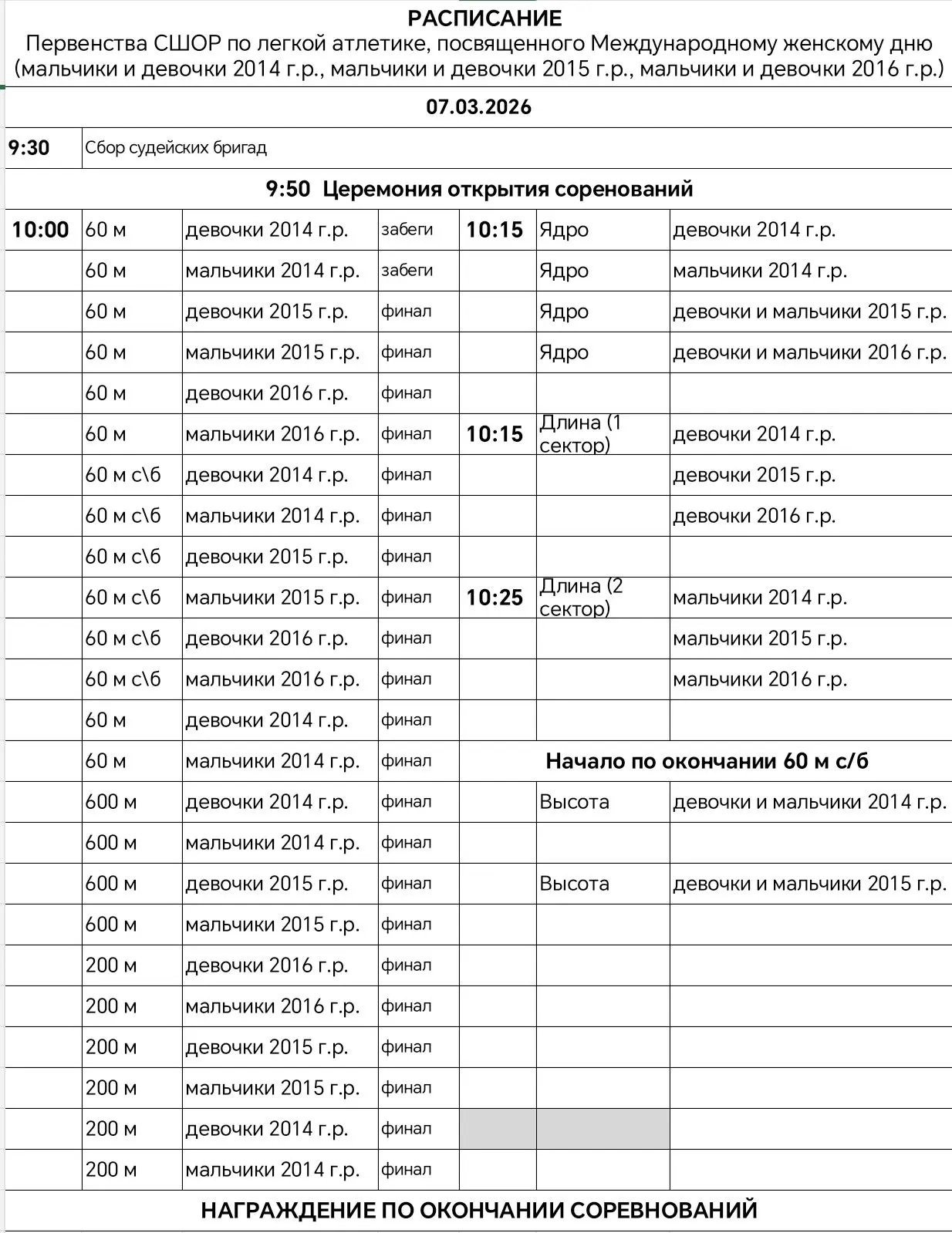 Внимание! Итоговое расписание первенства СШОР 7 марта 📅🏃‍♀️🏃
