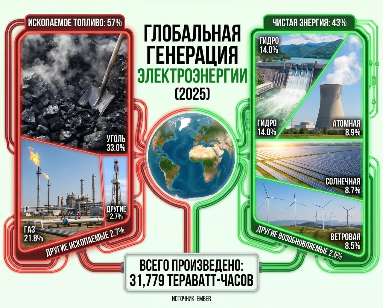 Чистая энергия почти догнала ископаемое топливо в мировой генерации

В 2025 году мировая экономика в