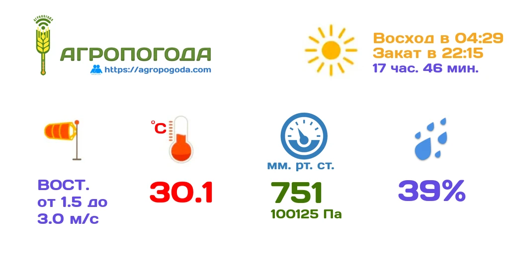 Агрометеорологическая сводка на 22.06.2026 (18:00)

Текущая температура 30.1 °C, влажность 39 %, сре