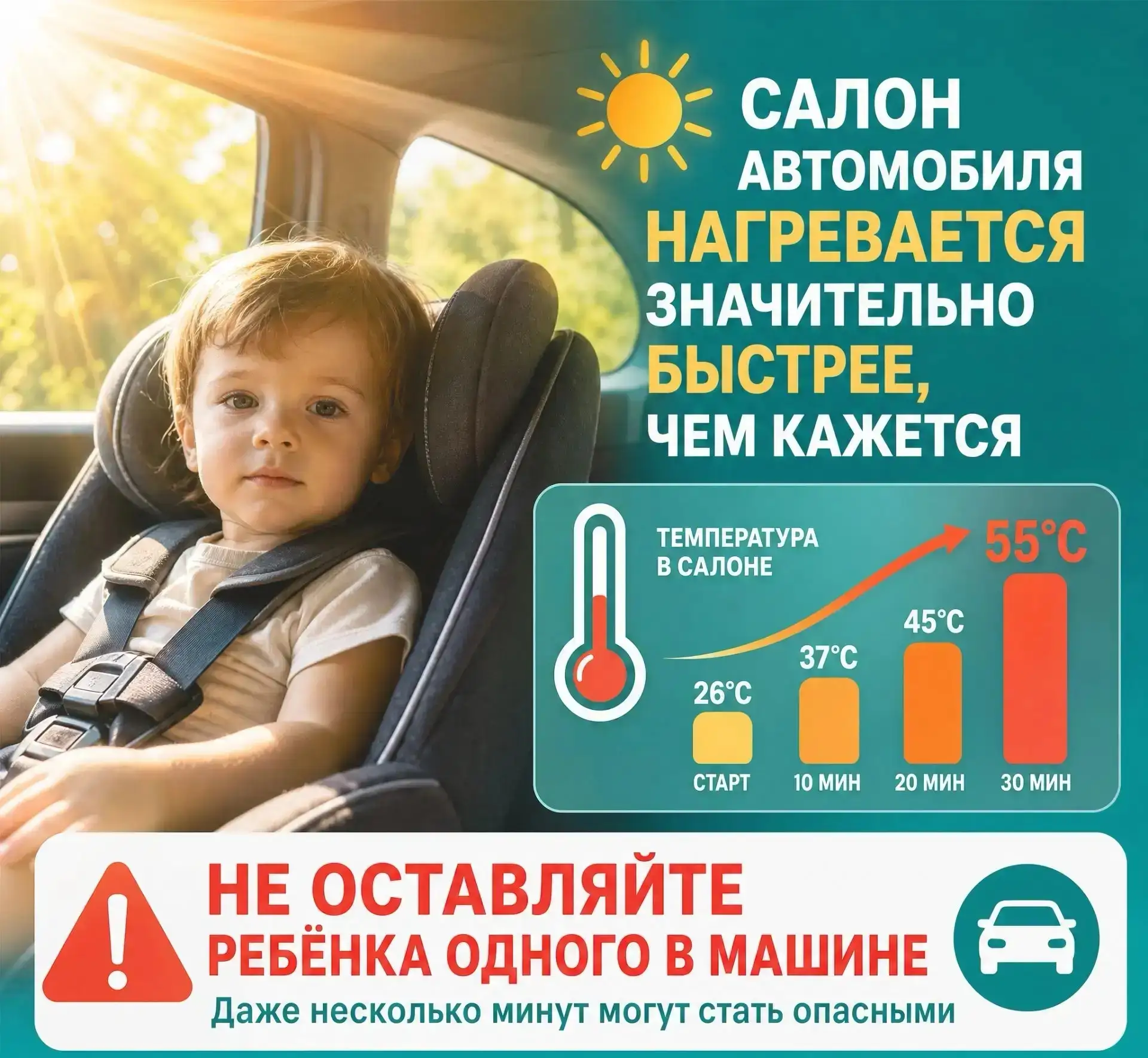💥  Жара не прощает ошибок!
Лето — время семейных поездок и ярких впечатлений. 🚗
☀️ Оставленный без