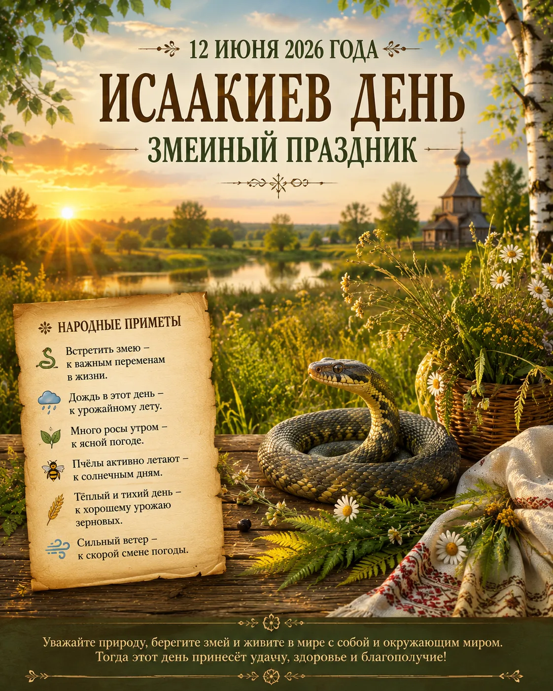 🌿✨ 12 ИЮНЯ — ИСААКИЕВ ДЕНЬ (ЗМЕИНЫЙ ПРАЗДНИК) ✨🌿

12 июня по народному календарю отмечается Исааки