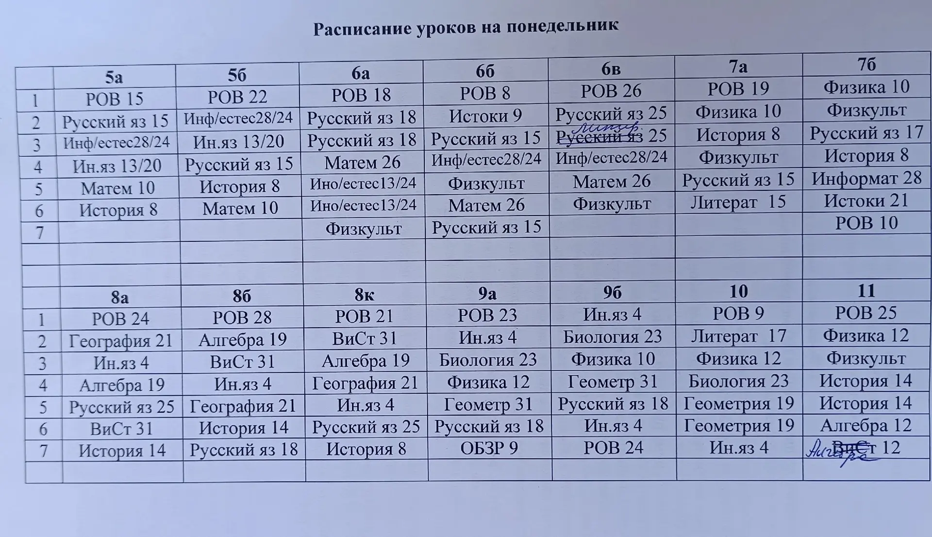 Расписание на понедельник