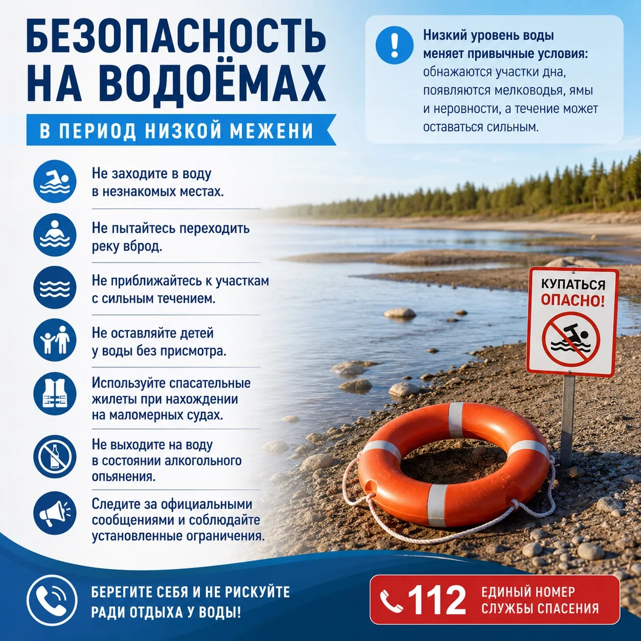 Безопасность на водоёмах в период низкой межени