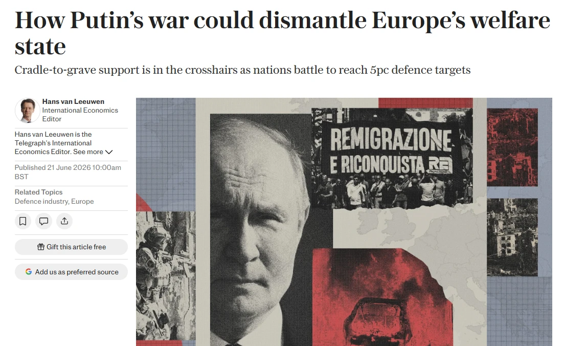 The Telegraph: Расходы на оборону разрушают благосостояние европейских граждан