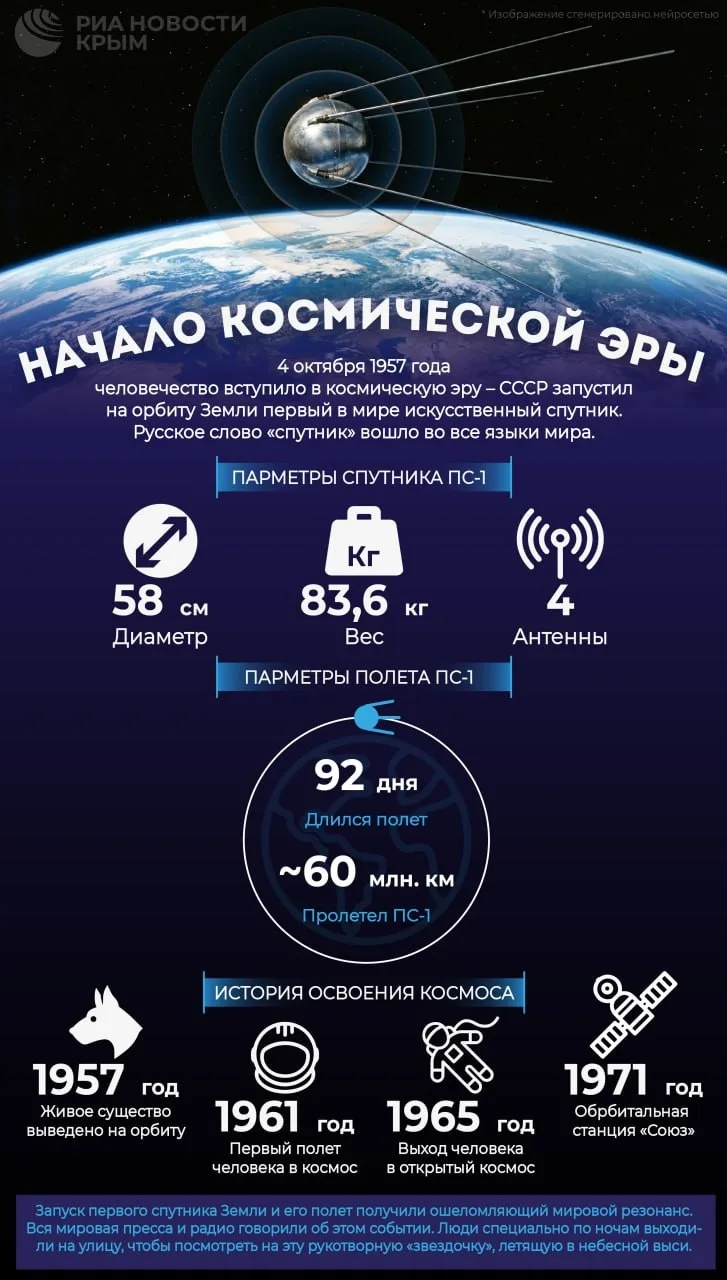 🛰 "Шаг в космос": 69 лет назад СССР запустил на орбиту Земли первый в мире спутник.