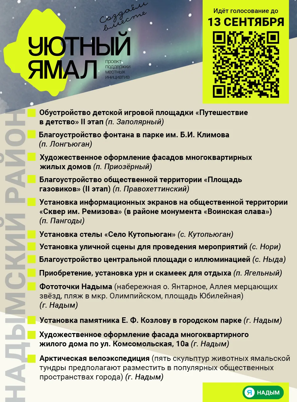 🤩 От благоустройства до велоэкспедиции: Надымский район выбирает из 13 идей