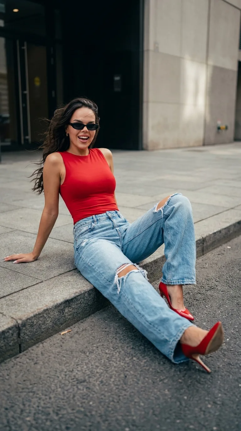 Ultra-realistic vertical 9:16 street fashion photo, spontaneous Instagram-style editori...