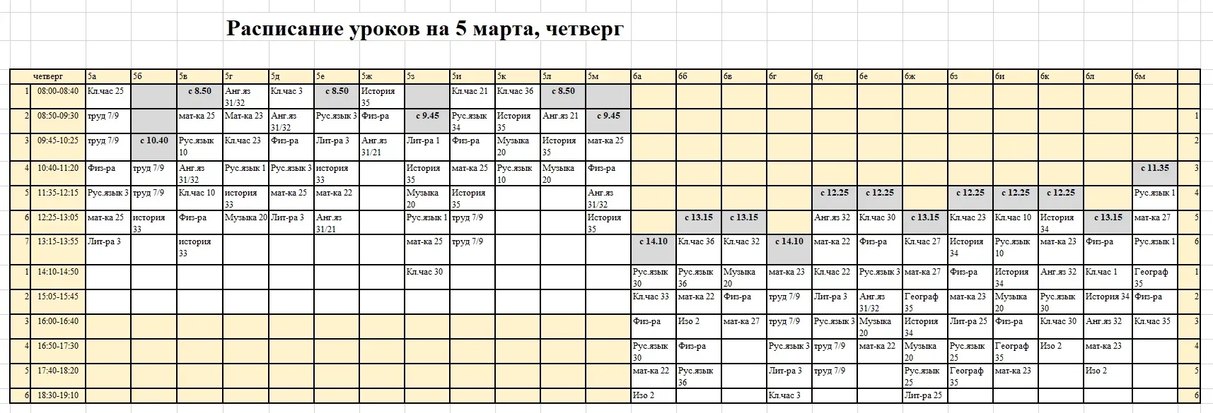 Расписание уроков на 5 марта (четверг)