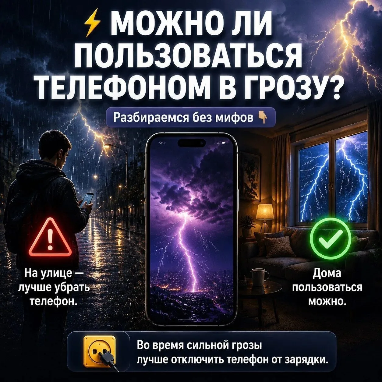 ⚡ Можно ли пользоваться телефоном во время грозы?

Многие считают, что смартфон притягивает молнию. 