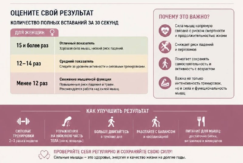 Расшифровка теста

Нормы для женщин:
✔️ 15+ раз — хороший показатель
⚠️ менее 12 — снижение мышечной