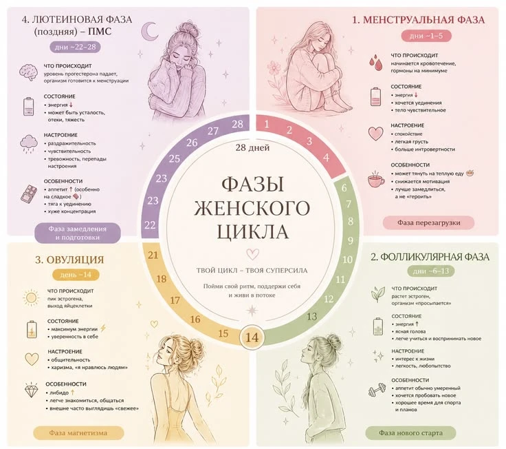 🌊 4 фазы цикла: что происходит в организме

Женский цикл — это не «месячные и всё остальное». Это ч