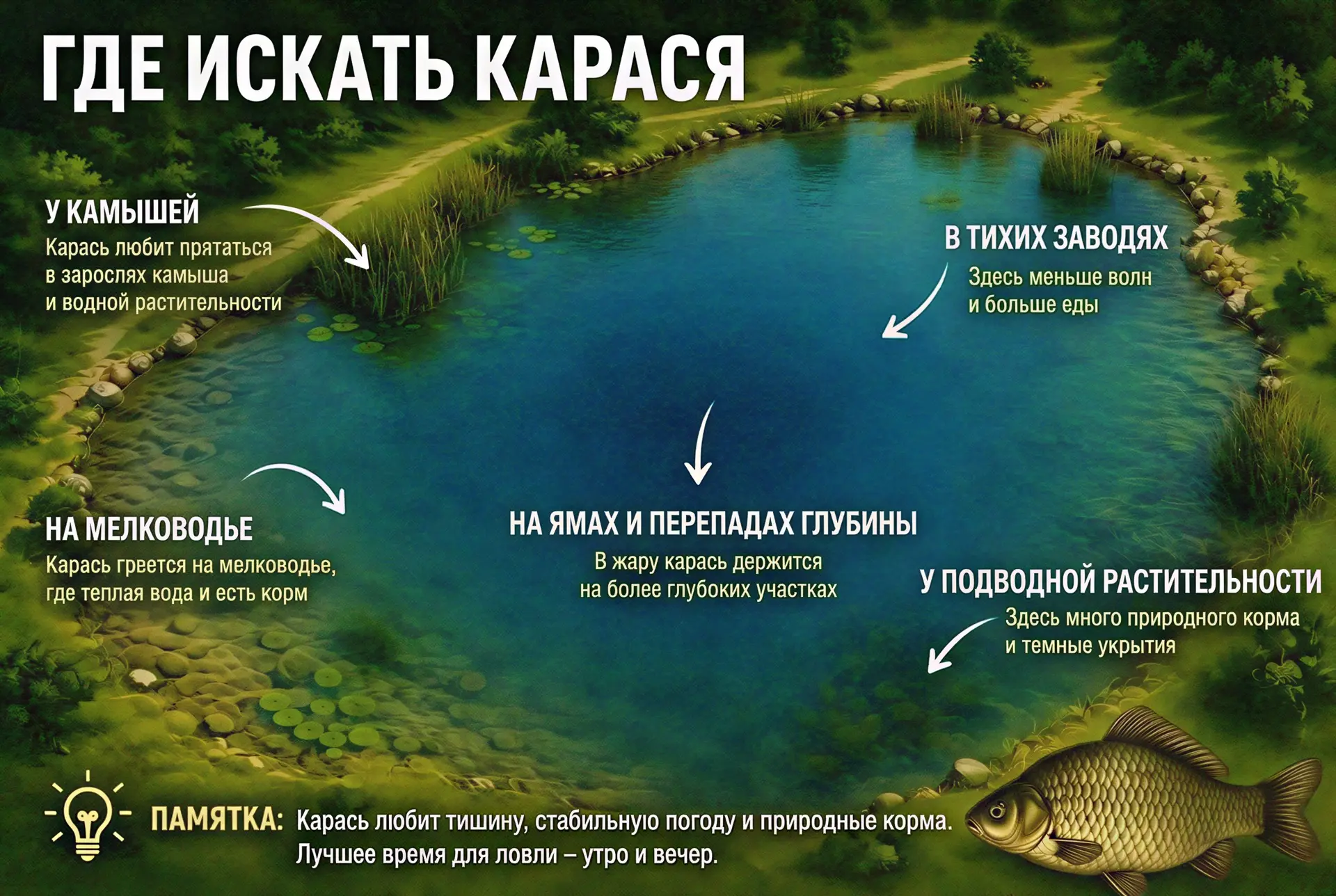 Летом карась — существо крайне ленивое и теплолюбивое. На чистую воду с сильным течением и ровным пе