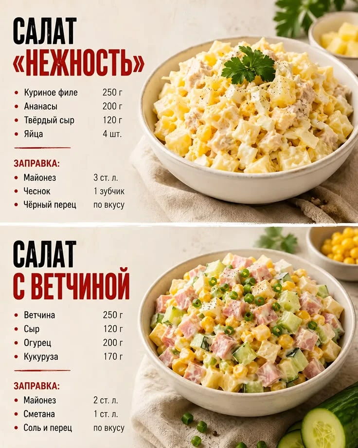 Вот такие простенькие  салатики https://max.ru/channel_recipesfor