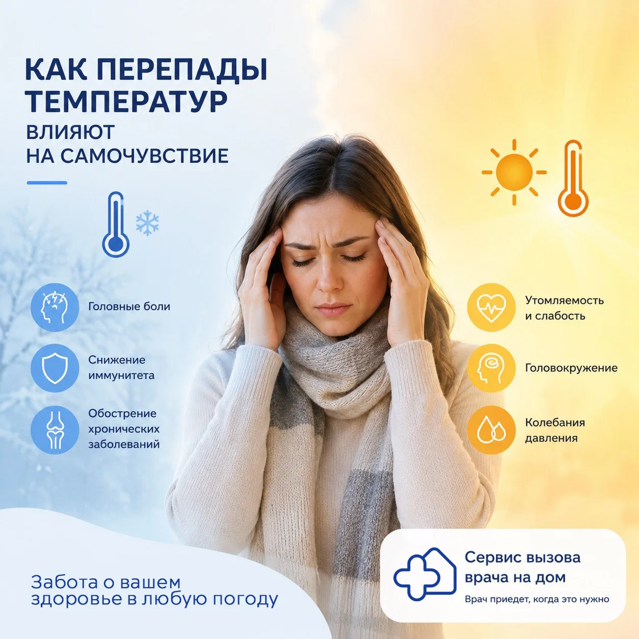 🌦 Перепады температуры могут влиять на самочувствие

Резкая смена погоды — это не просто дискомфорт