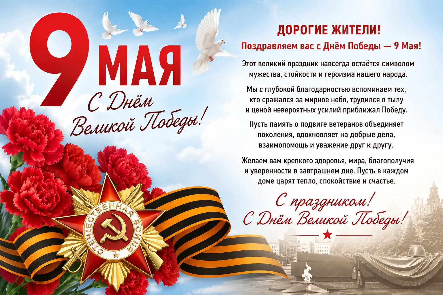 Дорогие жители!  Поздравляем вас с Днём Победы — 9 Мая!  Этот великий праздник навсегда остаётся сим