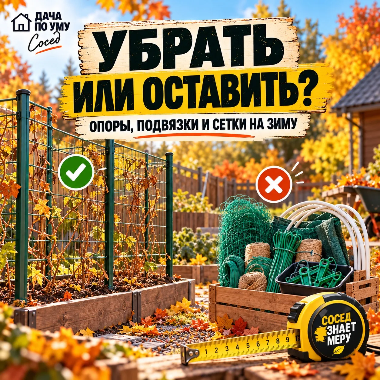 После уборки урожая на грядках часто остаётся всё хозяйство сезона: дуги, шпалеры, сетк...