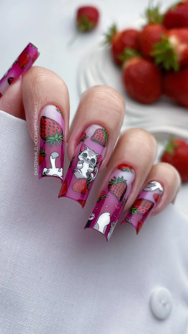 Длинные квадратные ногти с клубникой и котиком 🍓🐈‍⬛