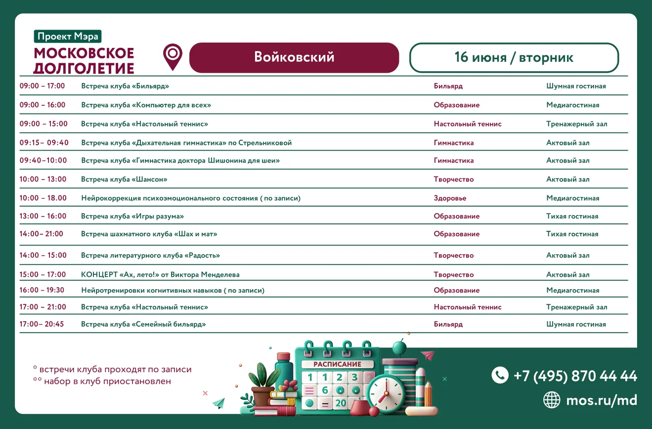 🌸 Дорогие друзья! 🌸

Направляем вам расписание Центра московского долголетия «Войковский"
ВТОРНИК,