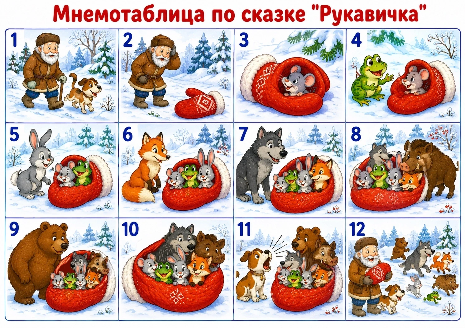 🧤❄ Мнемотаблица по сказке «Рукавичка»

Сказка «Рукавичка» — одна из самых любимых русских народных 