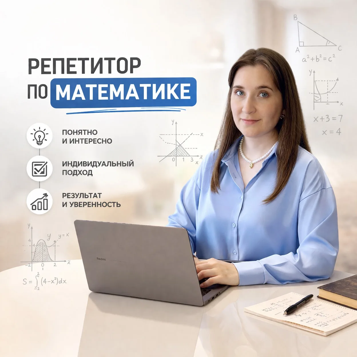 Привет! 👋
Я — Мария, репетитор по математике с 12-летним опытом, из которых 7 лет проработала в шко