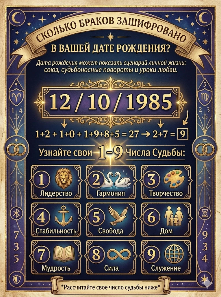 💍  СКОЛЬКО БРАКОВ ЗАШИФРОВАНО В ВАШЕЙ ДАТЕ РОЖДЕНИЯ?