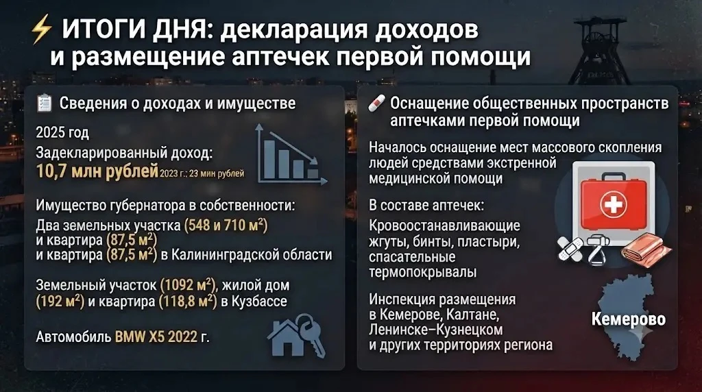 ⚡️ ИТОГИ ДНЯ: декларация доходов и размещение аптечек первой помощи

В официальной повестке Кузбасса