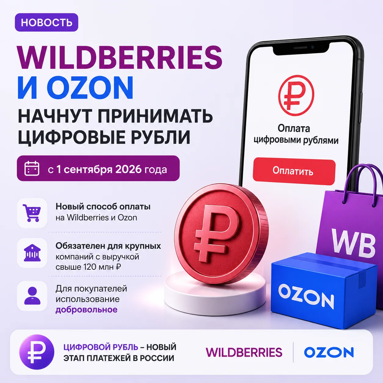 Wildberries и Ozon начнут принимать цифровые рубли с 1 сентября