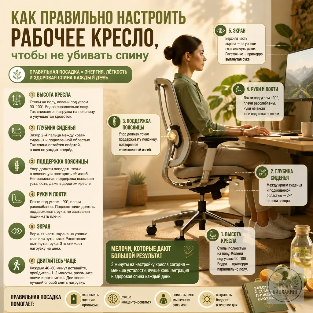 💺 Как правильно настроить рабочее кресло, чтобы не убивать спину