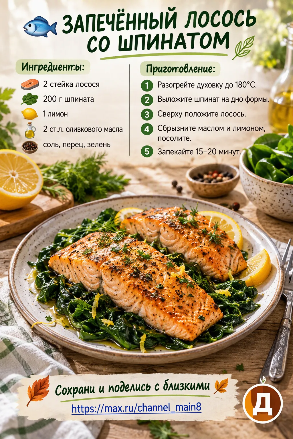 🐟 Запечённый лосось со шпинатом — полезно для глаз