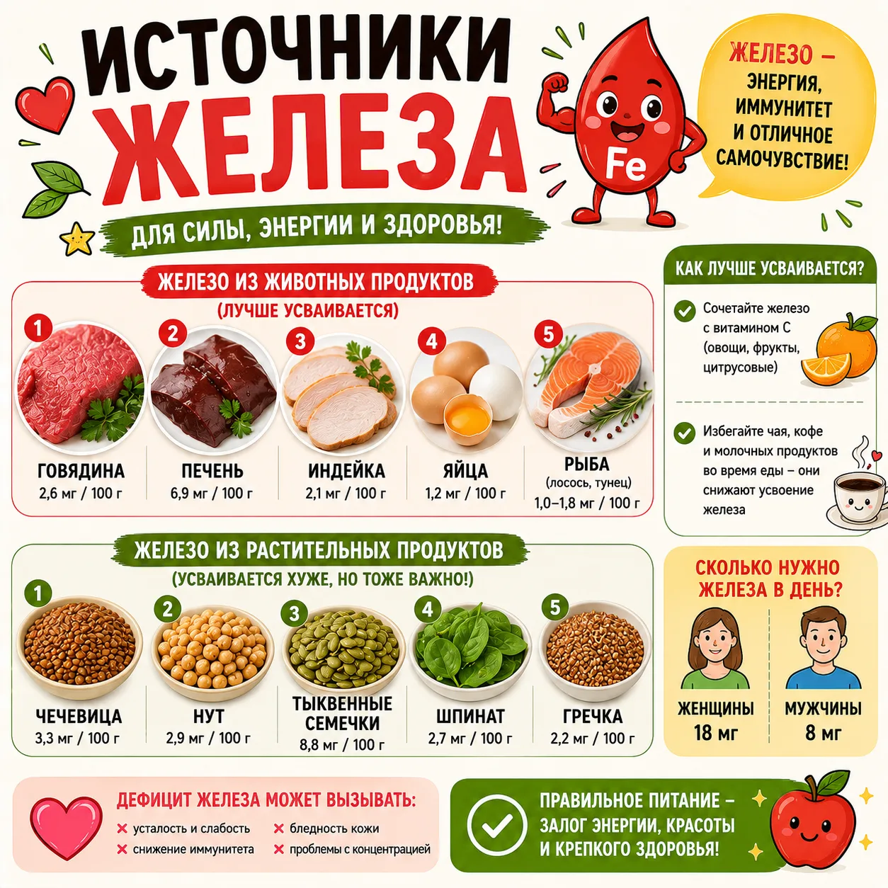 БОРЕМСЯ С АНИМИЕЙ- ИСТОЧНИКИ ЖЕЛЕЗА В ПРОДУКТАХ