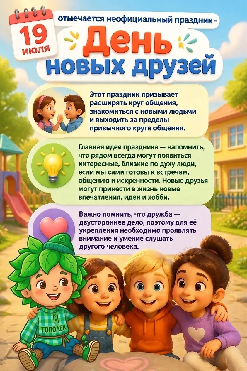 19 июля — День новых друзей!

Это особенный день, когда мы можем вспомнить о важности дружбы и откры
