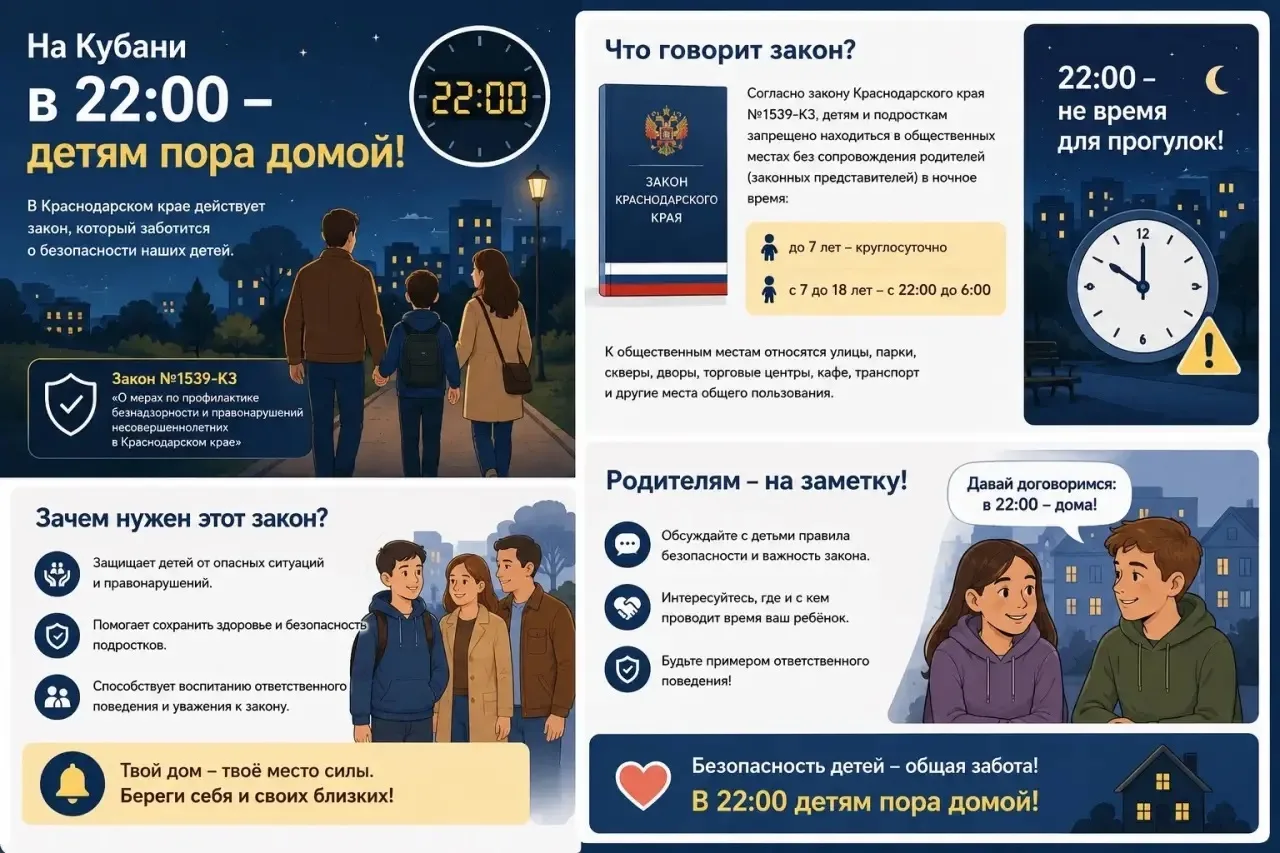 На Кубани закон такой - 22:00 детям пора домой!❗️

В краснодарском крае действует закон, который заб