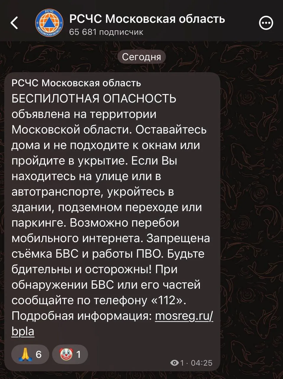 ⚠️ В Подмосковье объявлена беспилотная опасность.