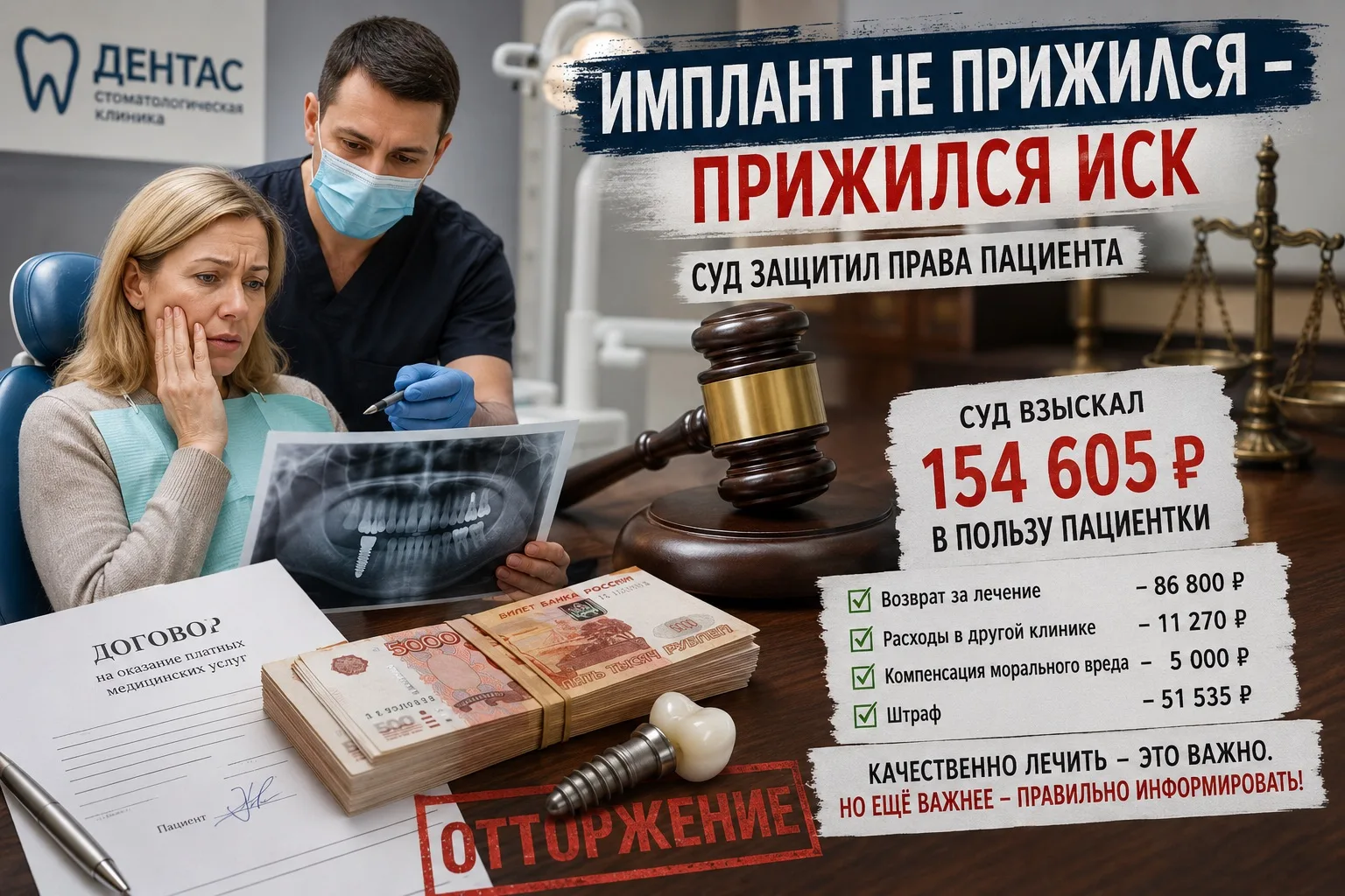 🦷 Имплант не прижился, зато прижился иск: череповчанка отсудила у стоматологии более 150 тысяч рубл
