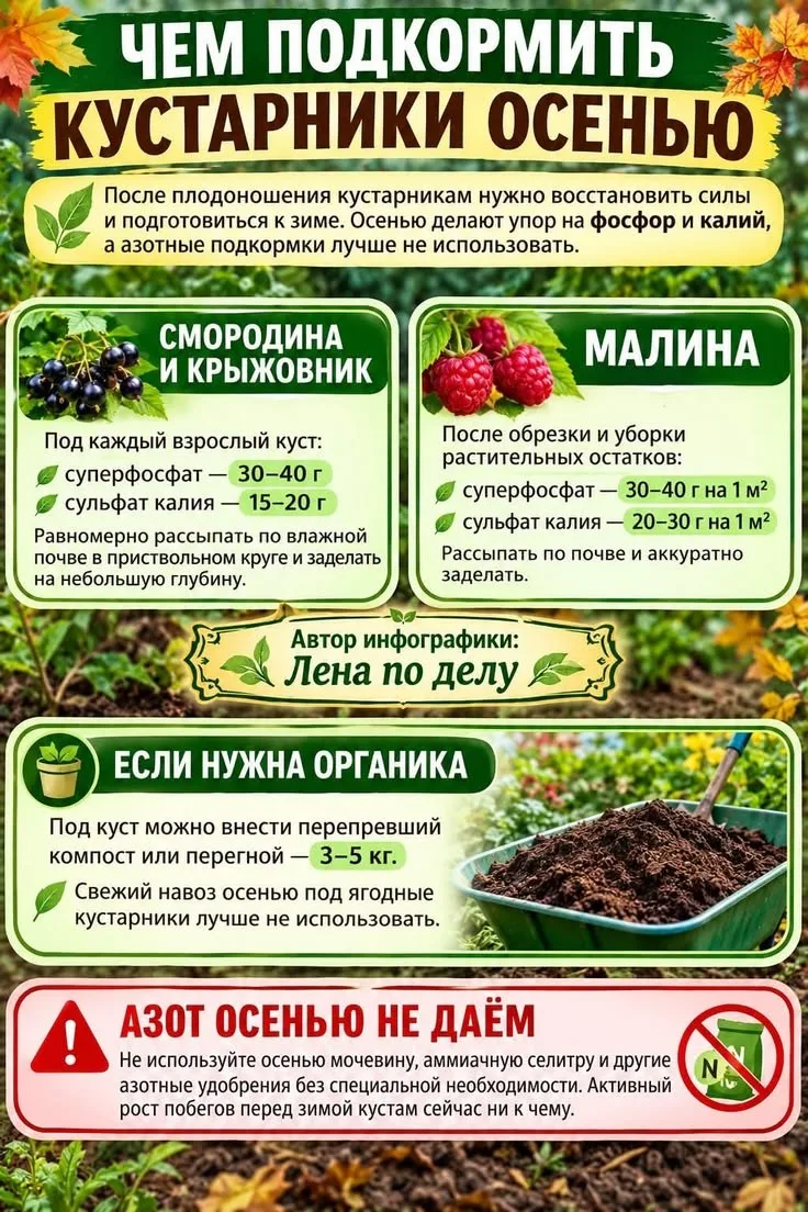 Оставляют небольшую шпаргалку , как подкормить кустарники осенью 🍁☘️
