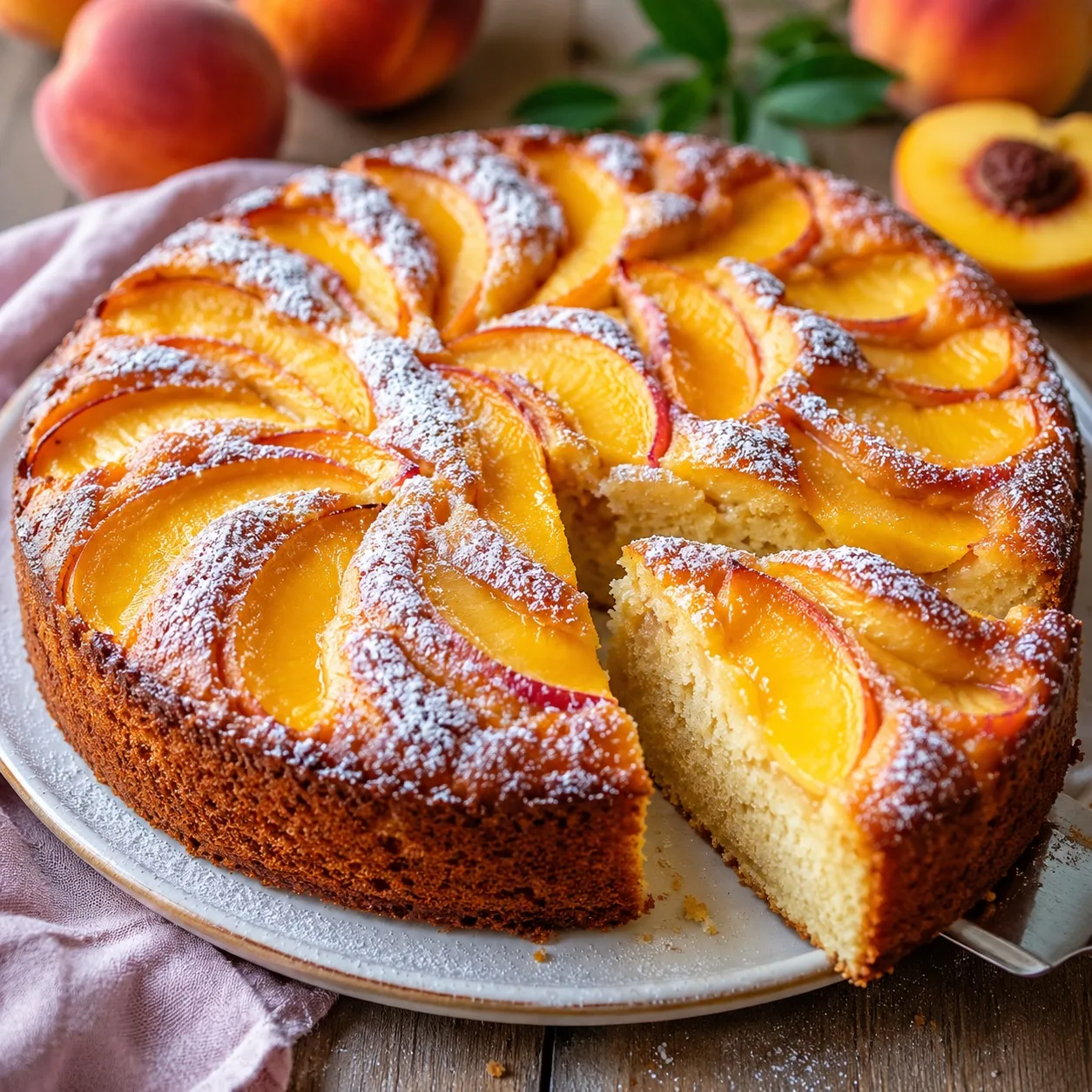 Нежный пирог с персиками

Если хочется чего-то вкусного к чаю, этот пирог — отличный выбор. Он получ