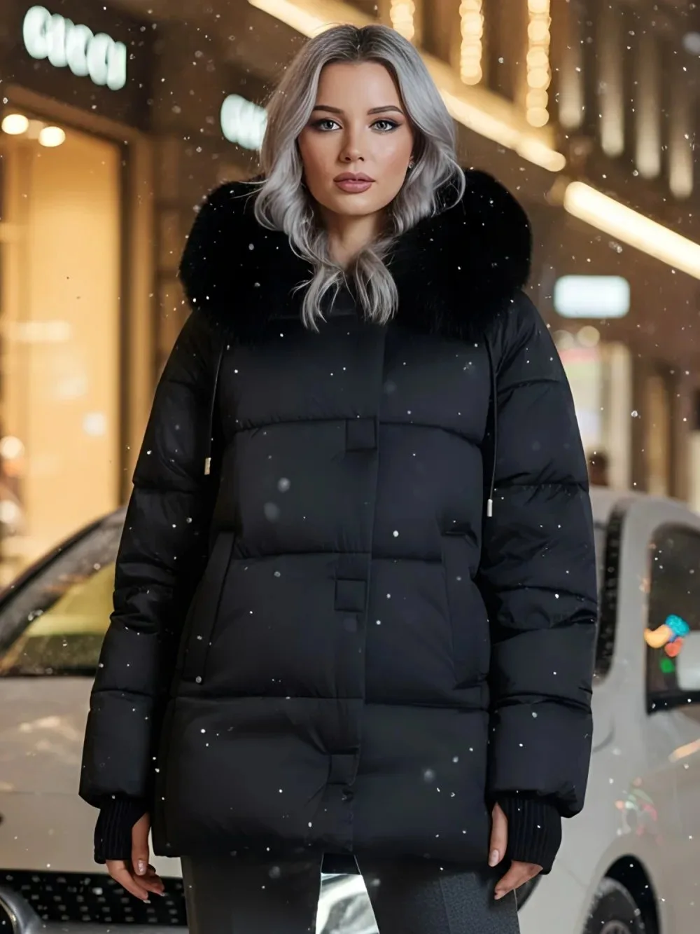 🛍️ Куртка зимняя женская с мехом и капюшоном тренд черного цвета 7658Ch