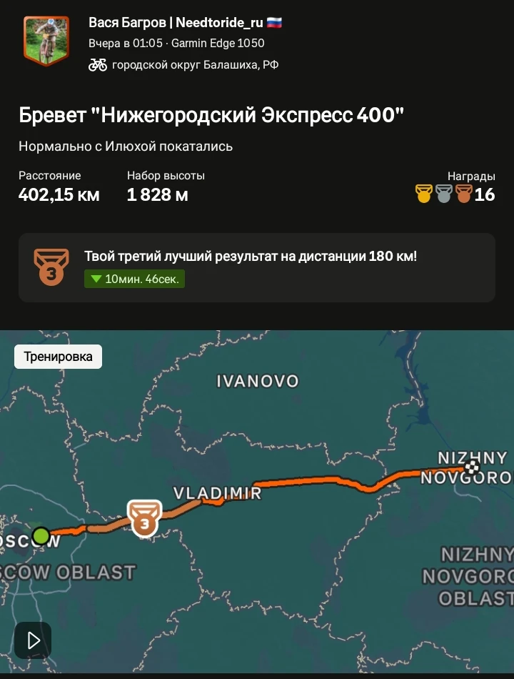 Финишировали с Илюхой 400-километровый бревет "Нижегородский Экспресс" с результатом в ...