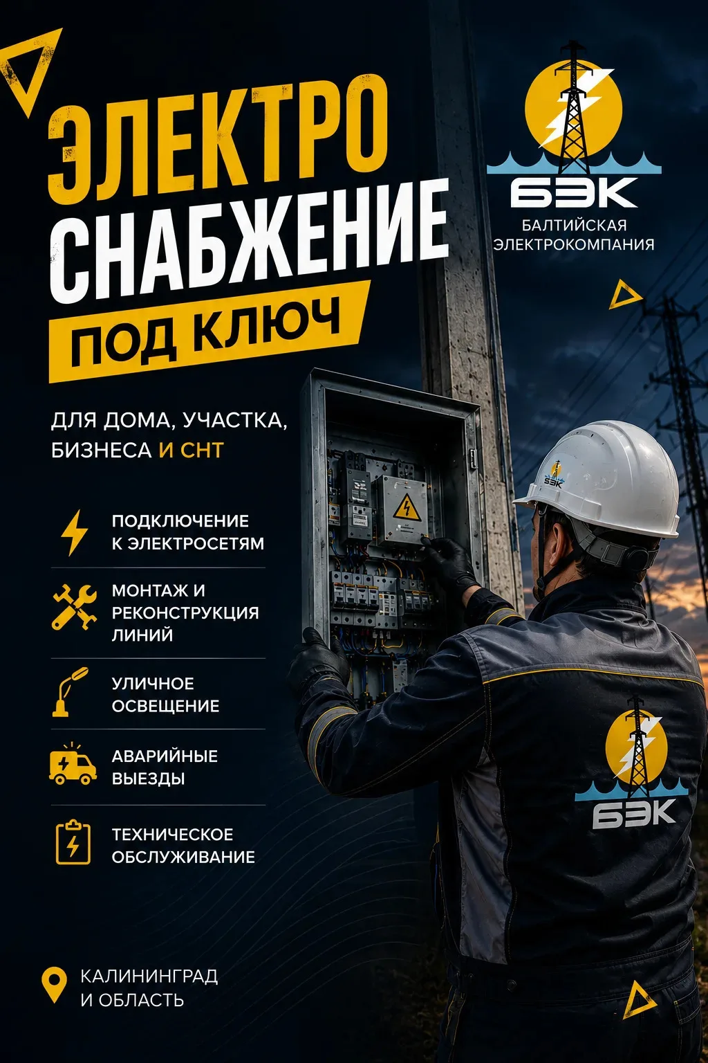 ⚡ Электрика — без сюрпризов.

ООО «БЭК»
Калининград и область

Сделаем подключение к сетям, монтаж л
