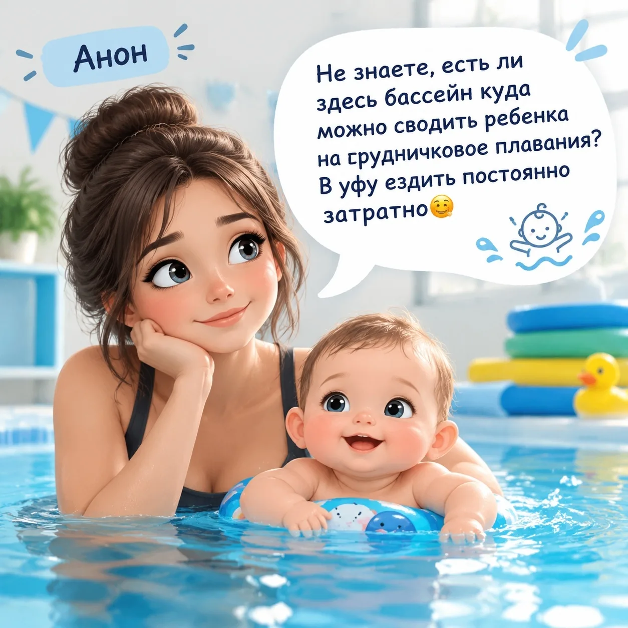 1. Анон. Не знаете, есть ли здесь бассейн куда можно сводить ребенка на грудничковое пл...