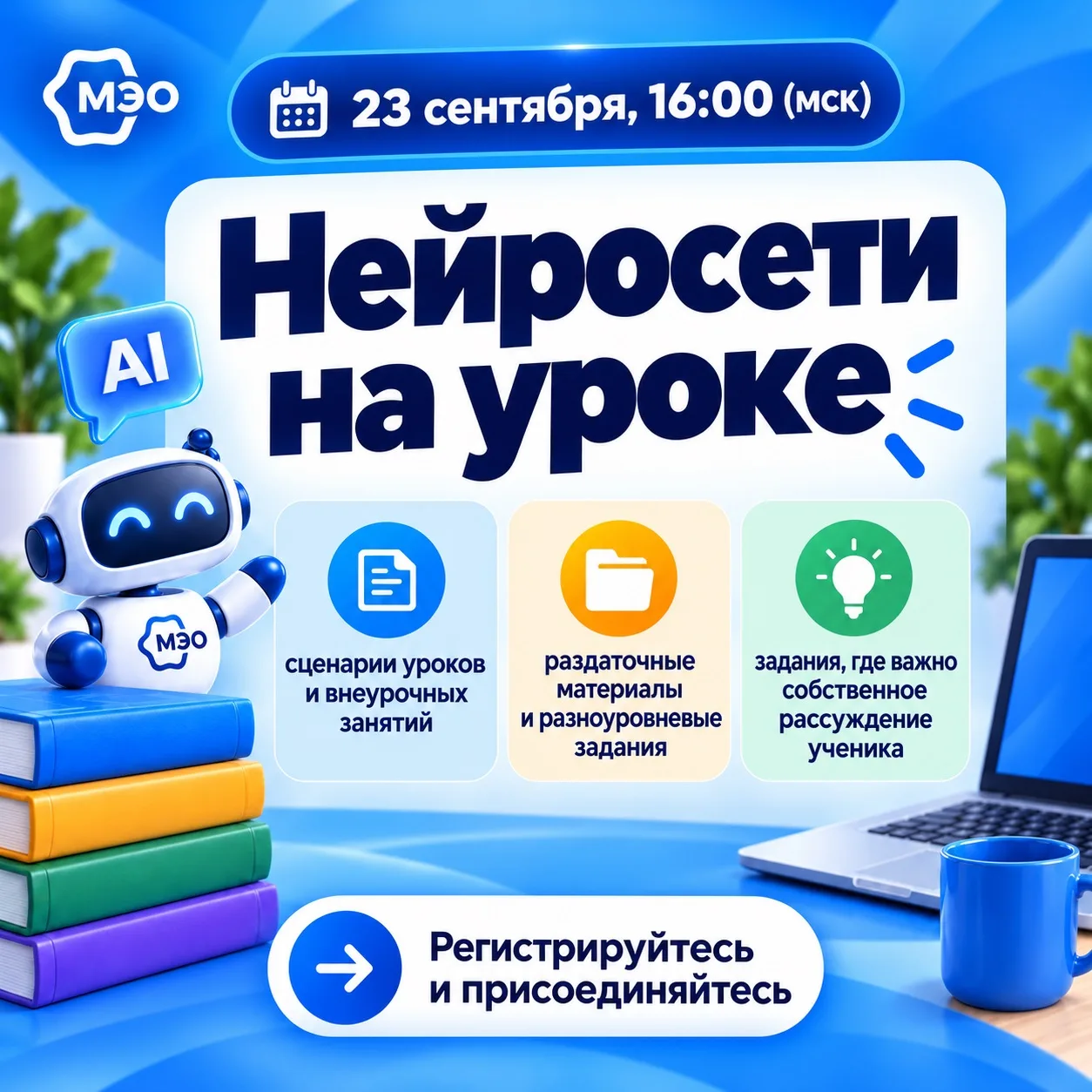 Сегодня в 16:00 (мск) встречаемся на вебинаре «Нейросети на уроке»